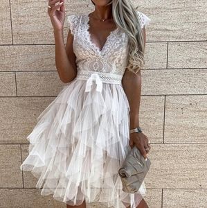 V-Neck Lace Sleeveless Layered Midi Dress